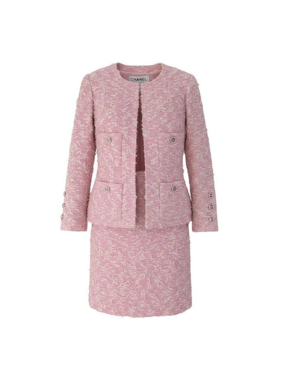 Chanel Boutique Fancy Tweed Jacket Pockets CC Logo Mirror Button Pink